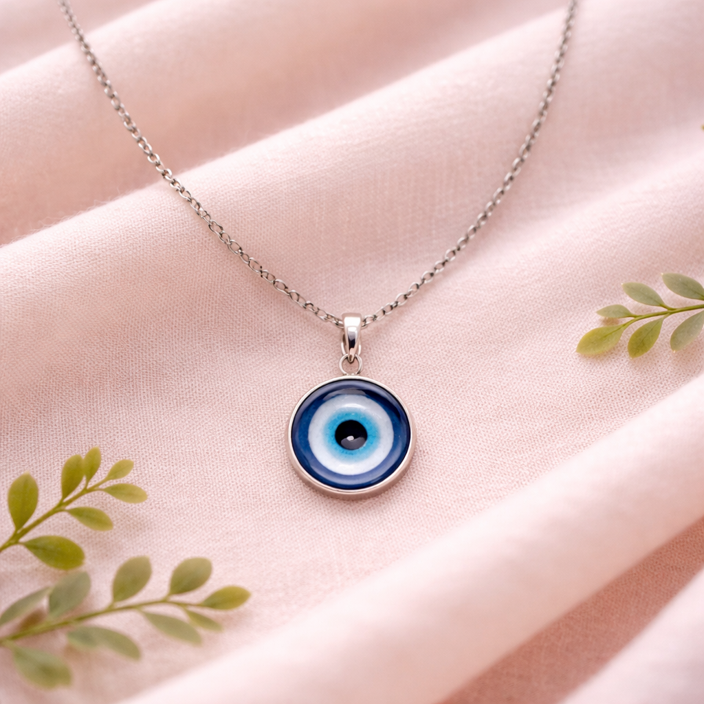 Silver tone evil eye necklace with blue protective eye pendant symbolic jewelry