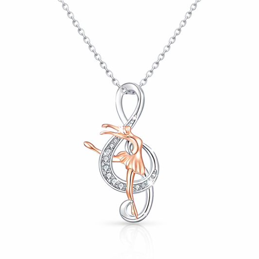 Silver and rose gold tone ballerina necklace with rhinestone details, elegant dance jewelry pendant