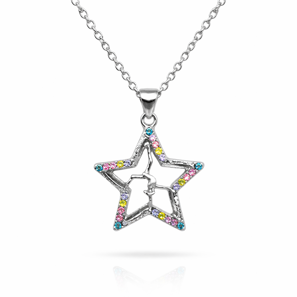 Silver tone star necklace with dancer silhouette and colorful rhinestones, kids dance jewelry