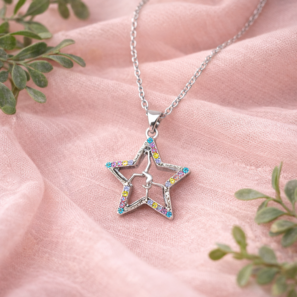Silver tone star necklace with dancer silhouette and colorful rhinestones, kids dance jewelry