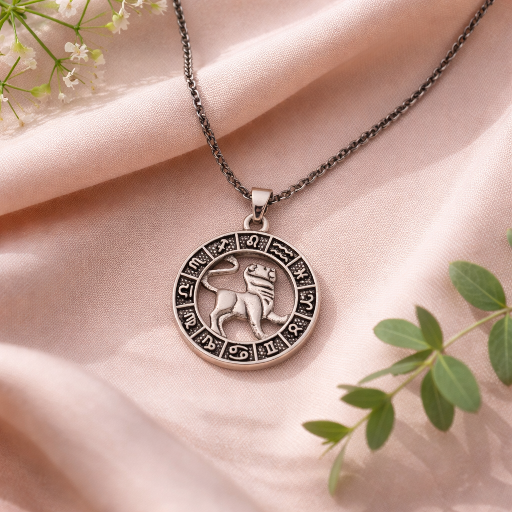 Silver tone Leo zodiac necklace with all horoscope symbols border