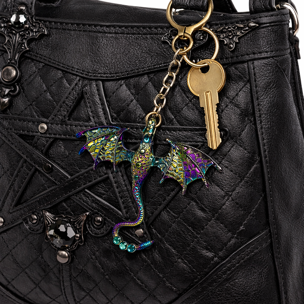 Iridescent winged dragon keychain fantasy bag charm with lobster clasp attachment
