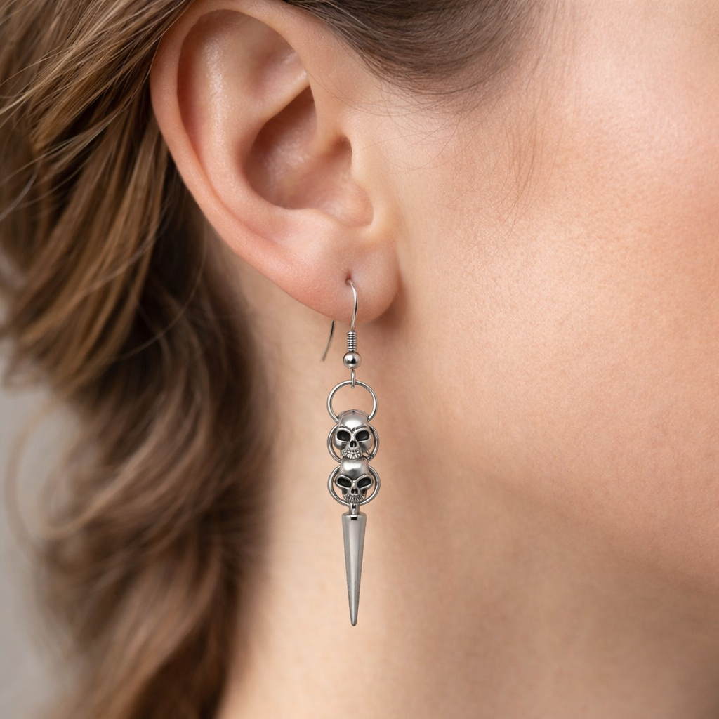 Silver tone skull spike dangle earrings with hypoallergenic hooks alternative jewelry