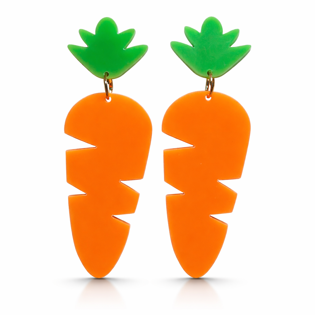 Bright orange carrot shaped acrylic dangle earrings with green tops and hypoallergenic hooks novelty spring jewelry