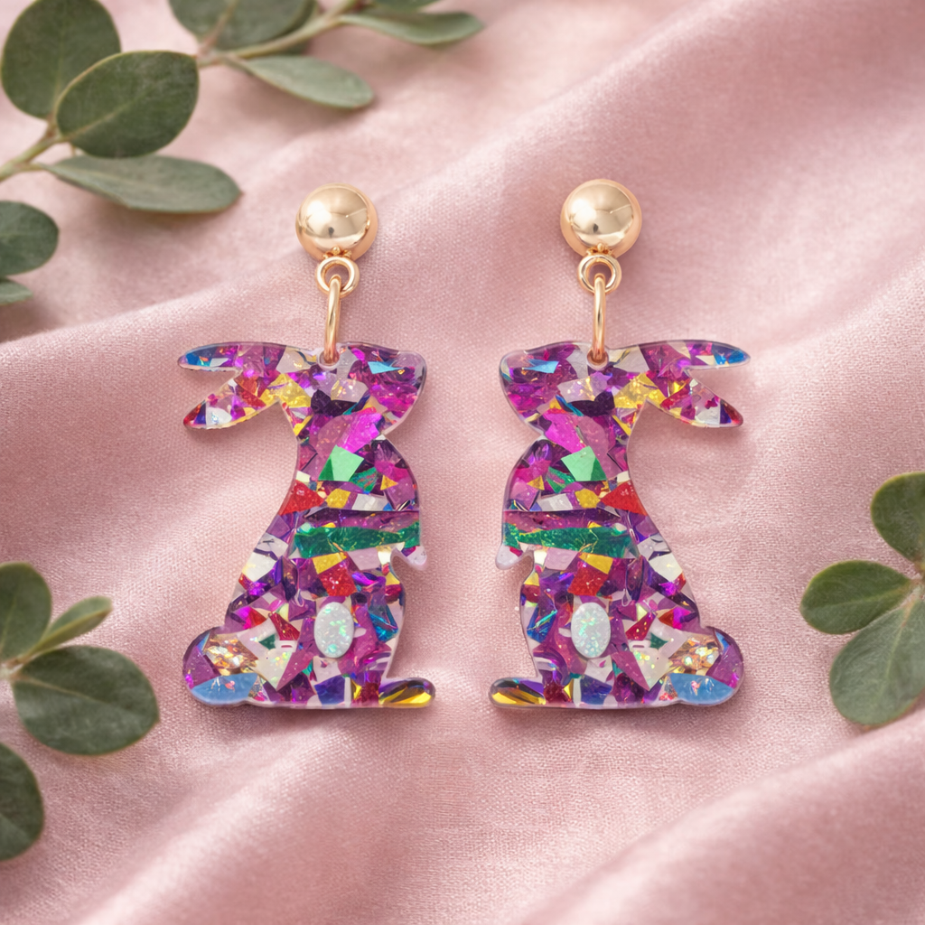 Multicolor confetti acrylic bunny dangle earrings with gold tone stud tops spring Easter jewelry