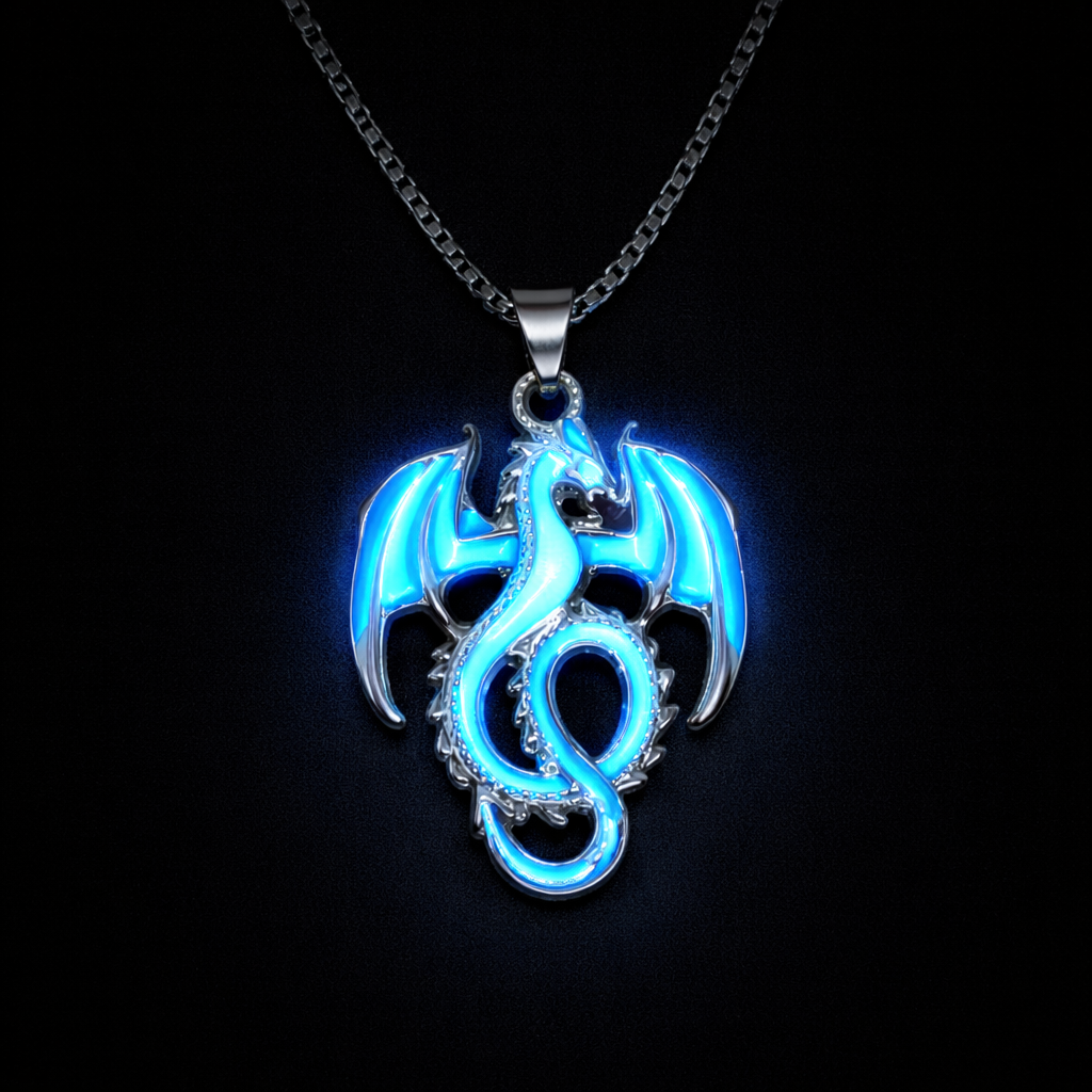 Glow in the dark blue dragon necklace with winged fantasy pendant on long chain