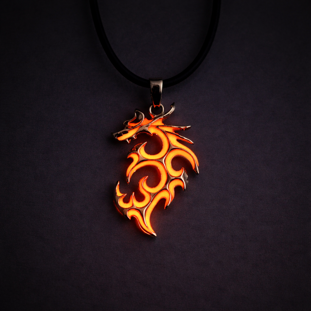 Glow in the dark orange dragon necklace fantasy pendant on long cord