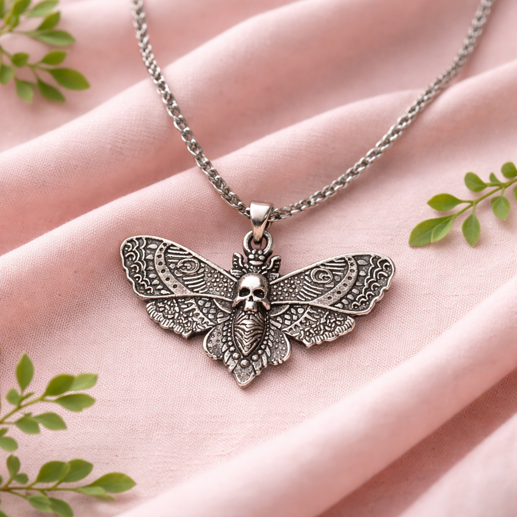 Silver tone skull moth necklace with detailed wings nature-inspired statement jewelry