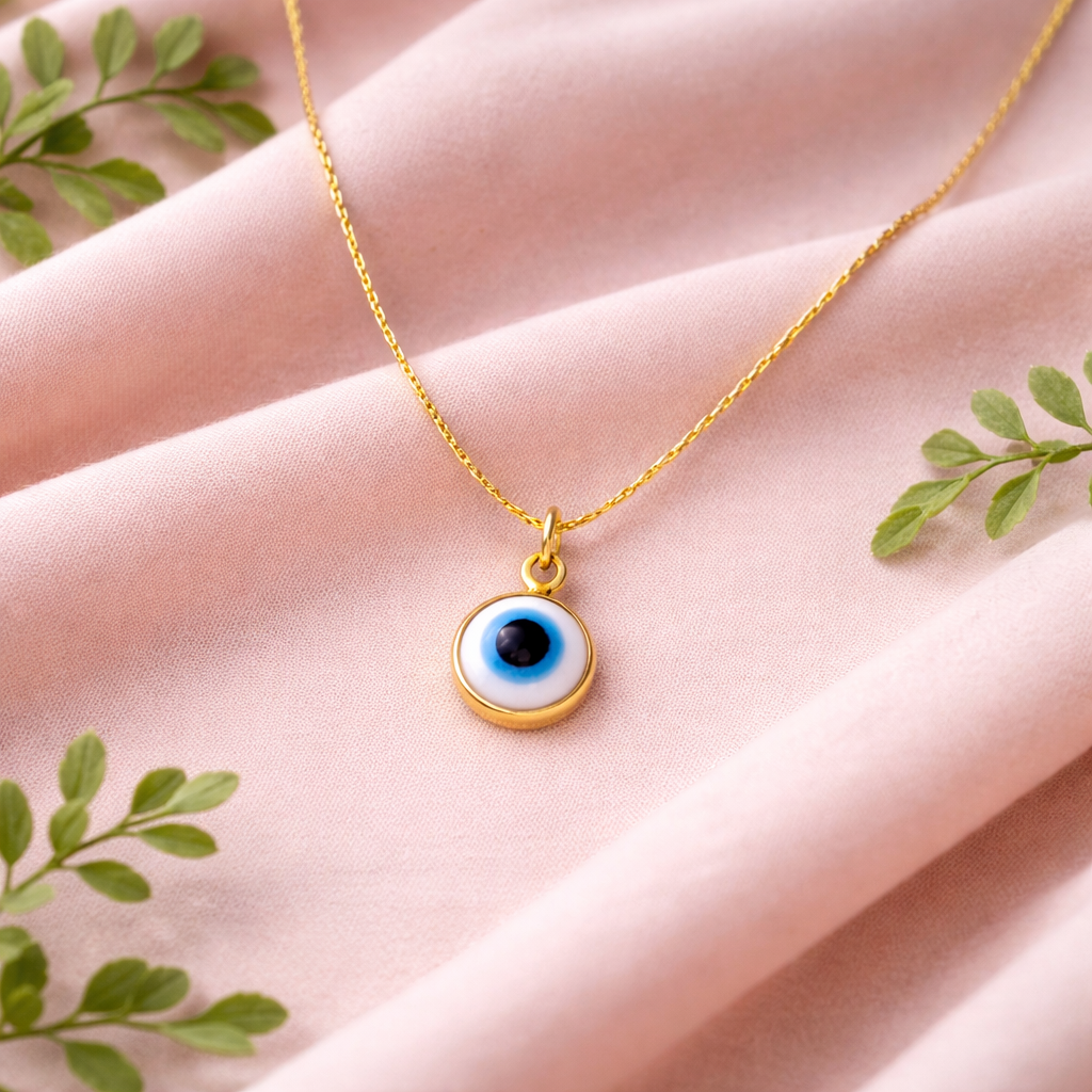 Gold tone white evil eye necklace styled minimalist symbolic jewelry accessory