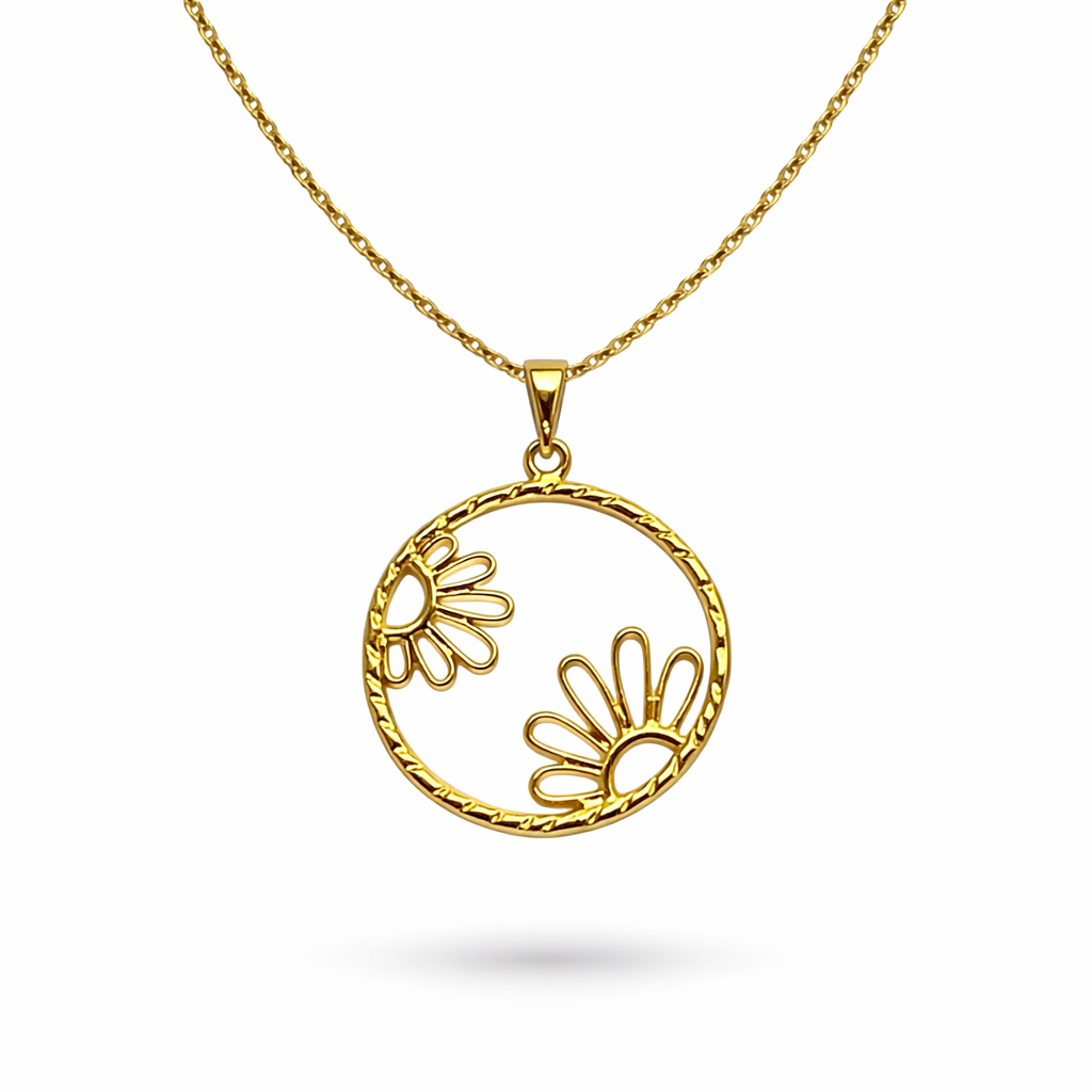 Gold tone circle necklace with daisy flowers, floral nature-inspired jewelry