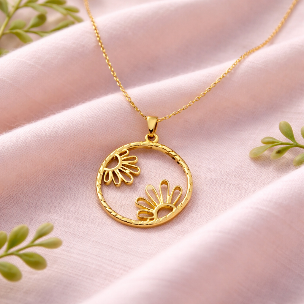 Gold tone circle necklace with daisy flowers, floral nature-inspired jewelry
