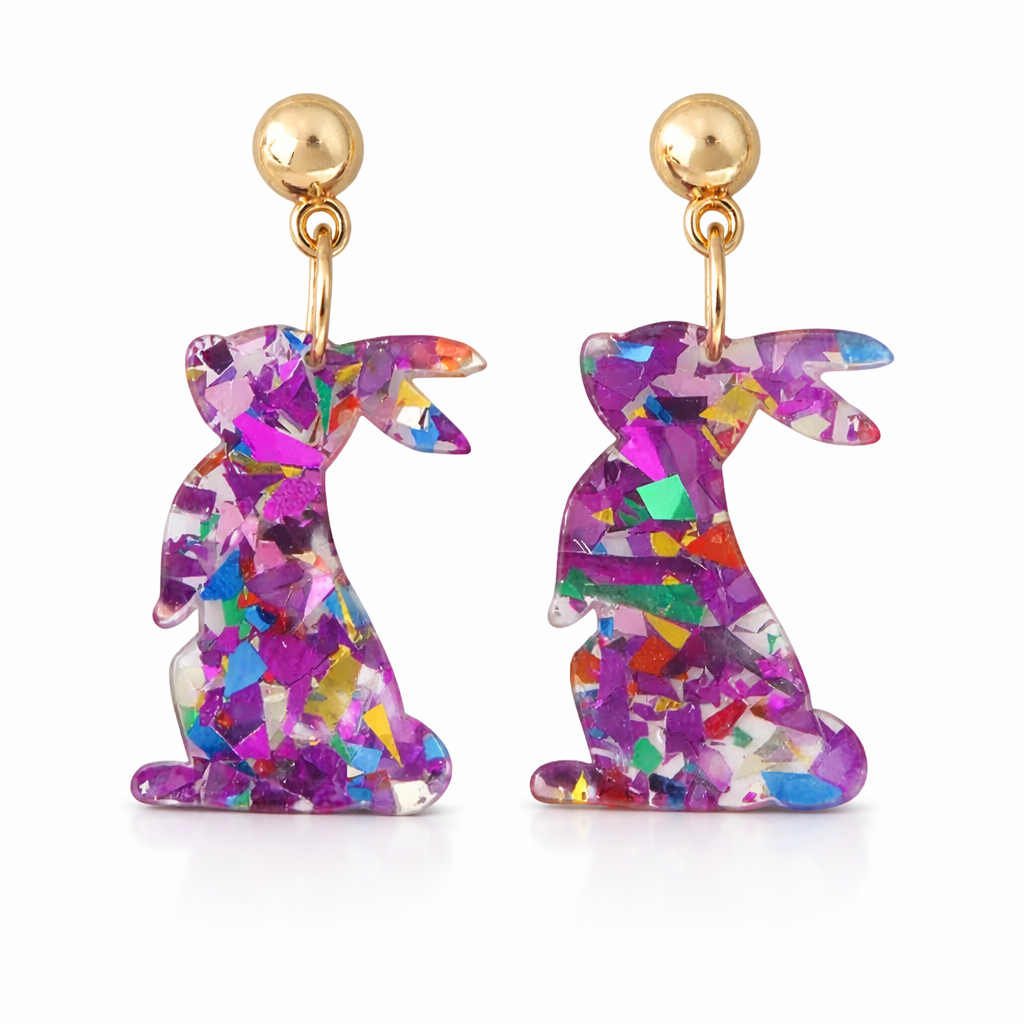 Multicolor confetti acrylic bunny dangle earrings with gold tone stud tops spring Easter jewelry