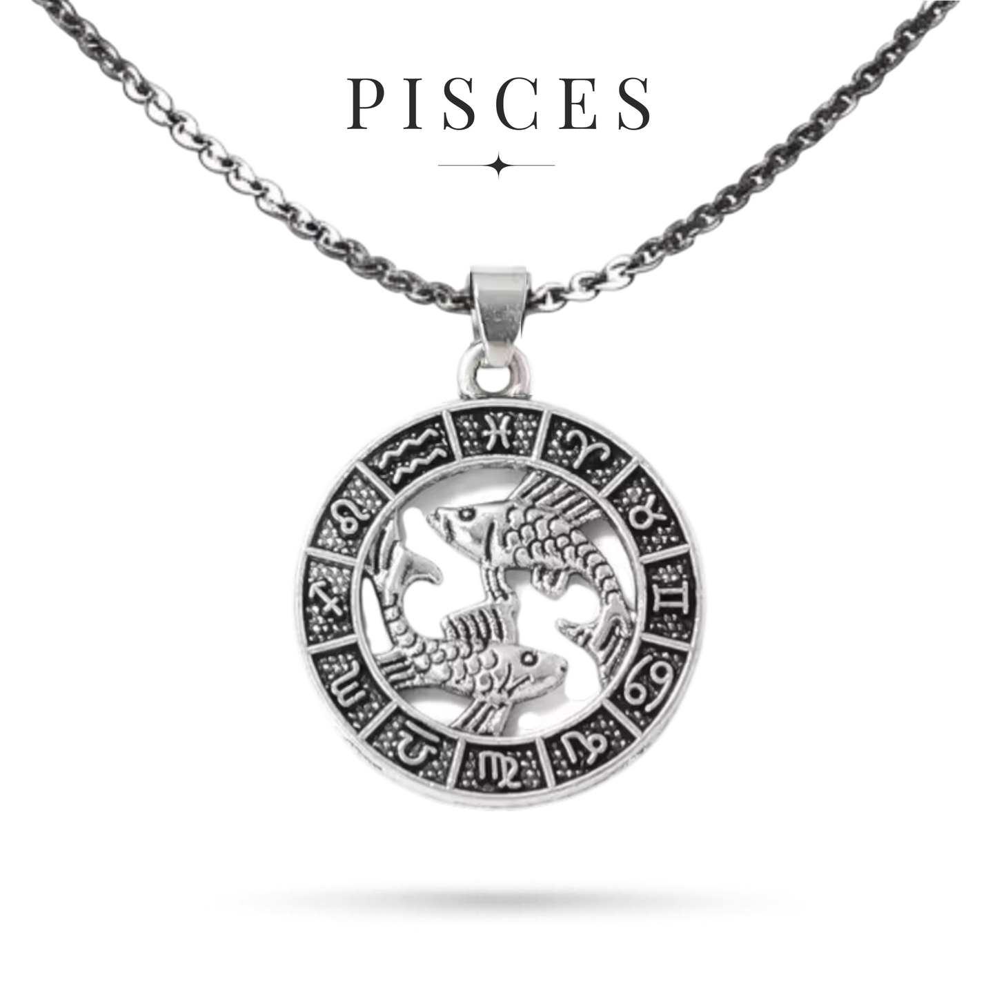 Silver tone Pisces zodiac necklace with all horoscope symbols border