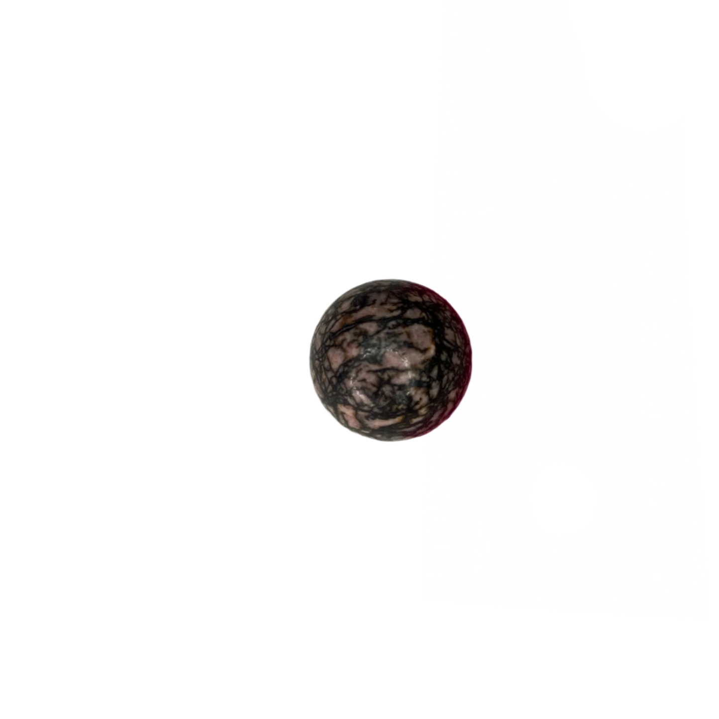 Small rhodonite sphere, promotes compassion, emotional healing, self-awareness, and connection; symbolizes wholeness, unity, and balanced energy.
