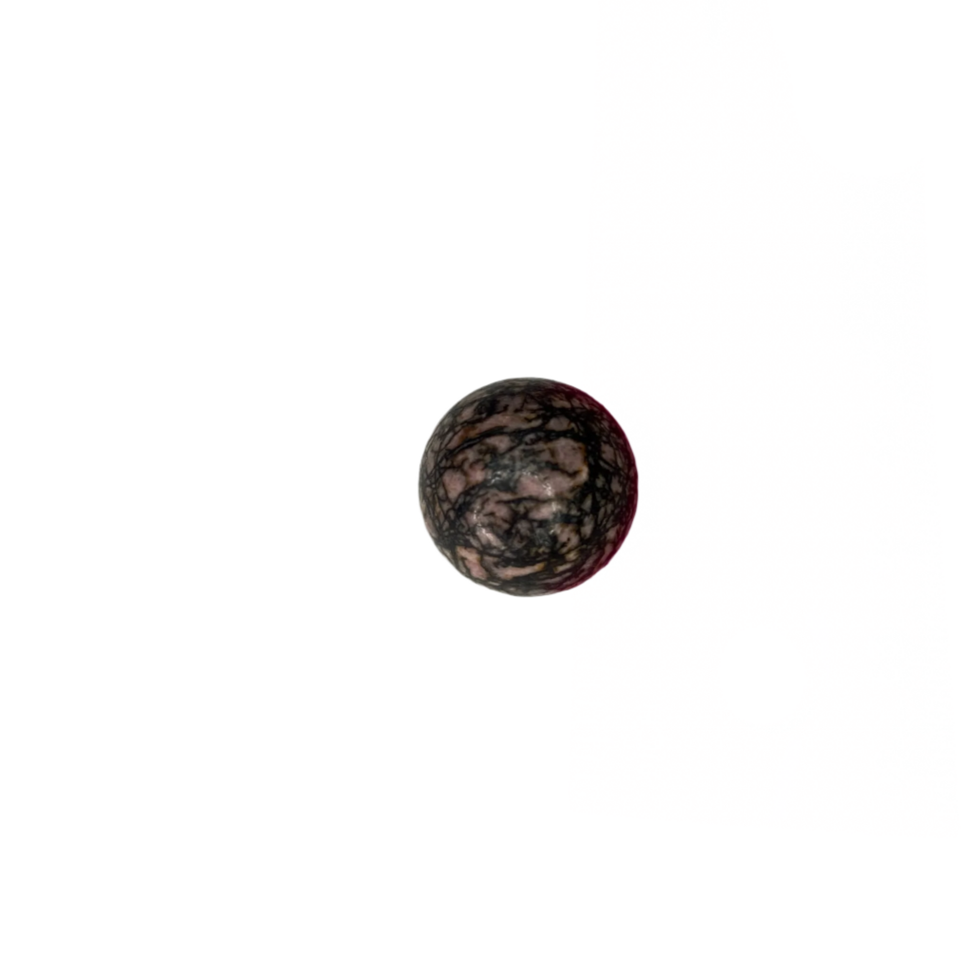Small rhodonite sphere, promotes compassion, emotional healing, self-awareness, and connection; symbolizes wholeness, unity, and balanced energy.
