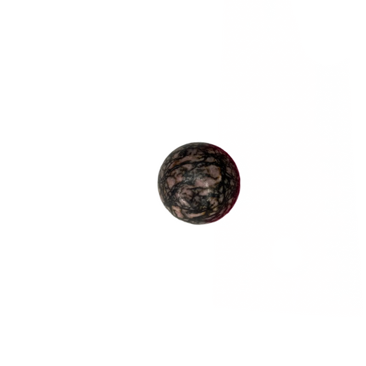 Small rhodonite sphere, promotes compassion, emotional healing, self-awareness, and connection; symbolizes wholeness, unity, and balanced energy.
