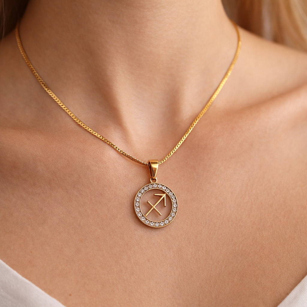 Gold tone sagittarius zodiac horoscope necklaces with rhinestones on stainless steel chain, all signs available