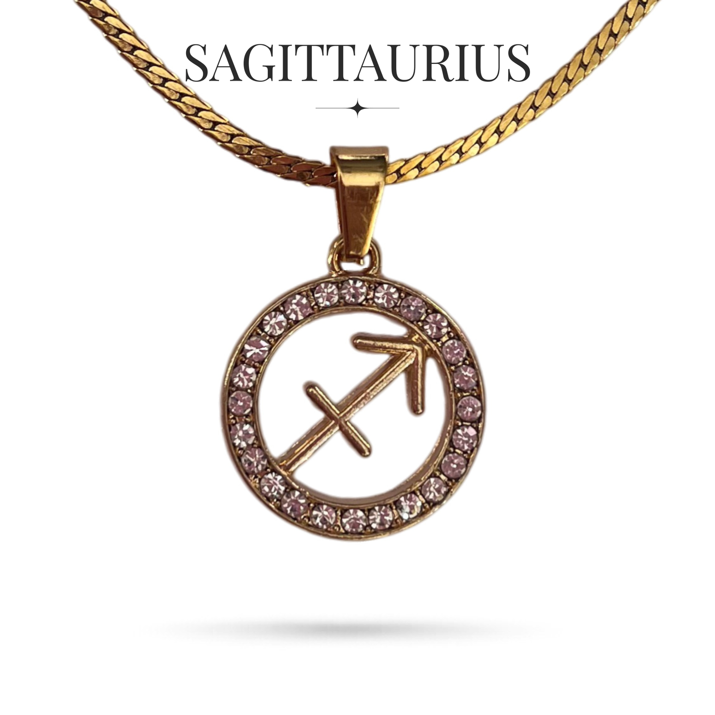 Gold tone sagittarius zodiac horoscope necklaces with rhinestones on stainless steel chain, all signs available