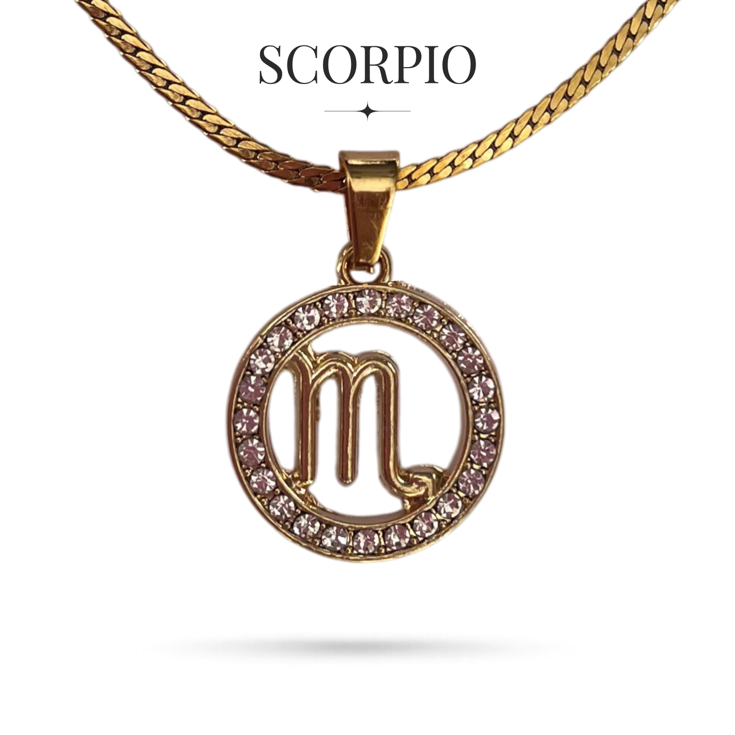 Gold tone scorpio zodiac horoscope necklaces with rhinestones on stainless steel chain, all signs available