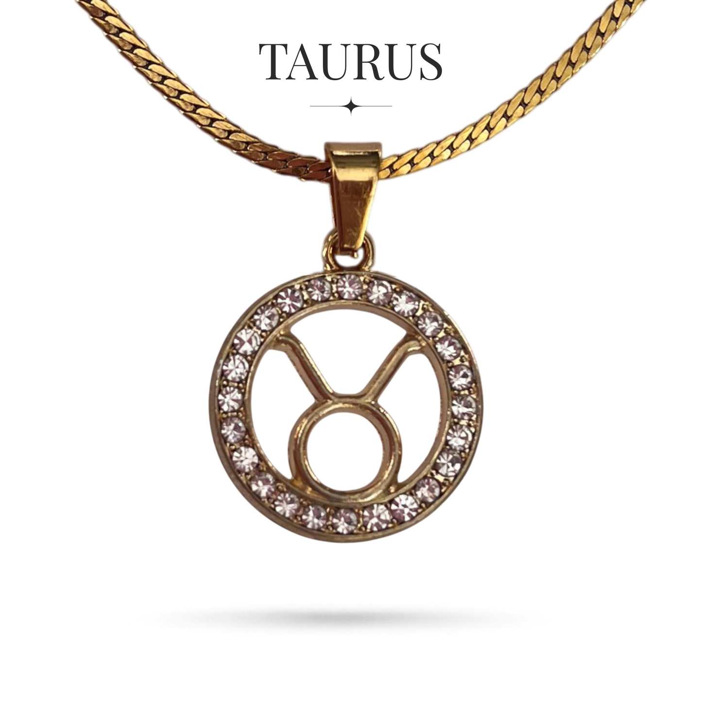 Gold tone taurus zodiac horoscope necklaces with rhinestones on stainless steel chain, all signs available