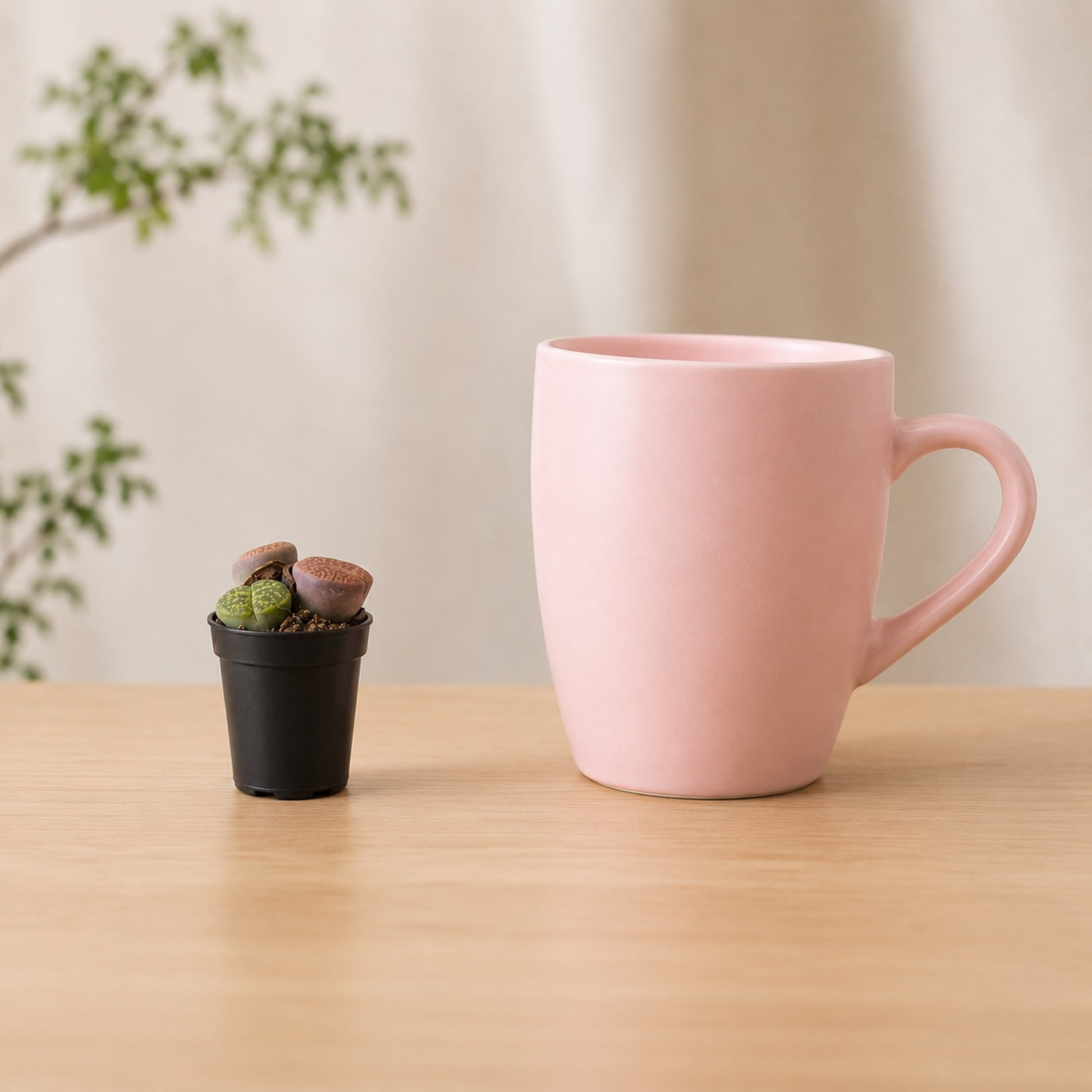 1.5" Lithops succulent known as Living Stones with patterned stone-like leaves in shades of brown and green growing in a black nursery pot