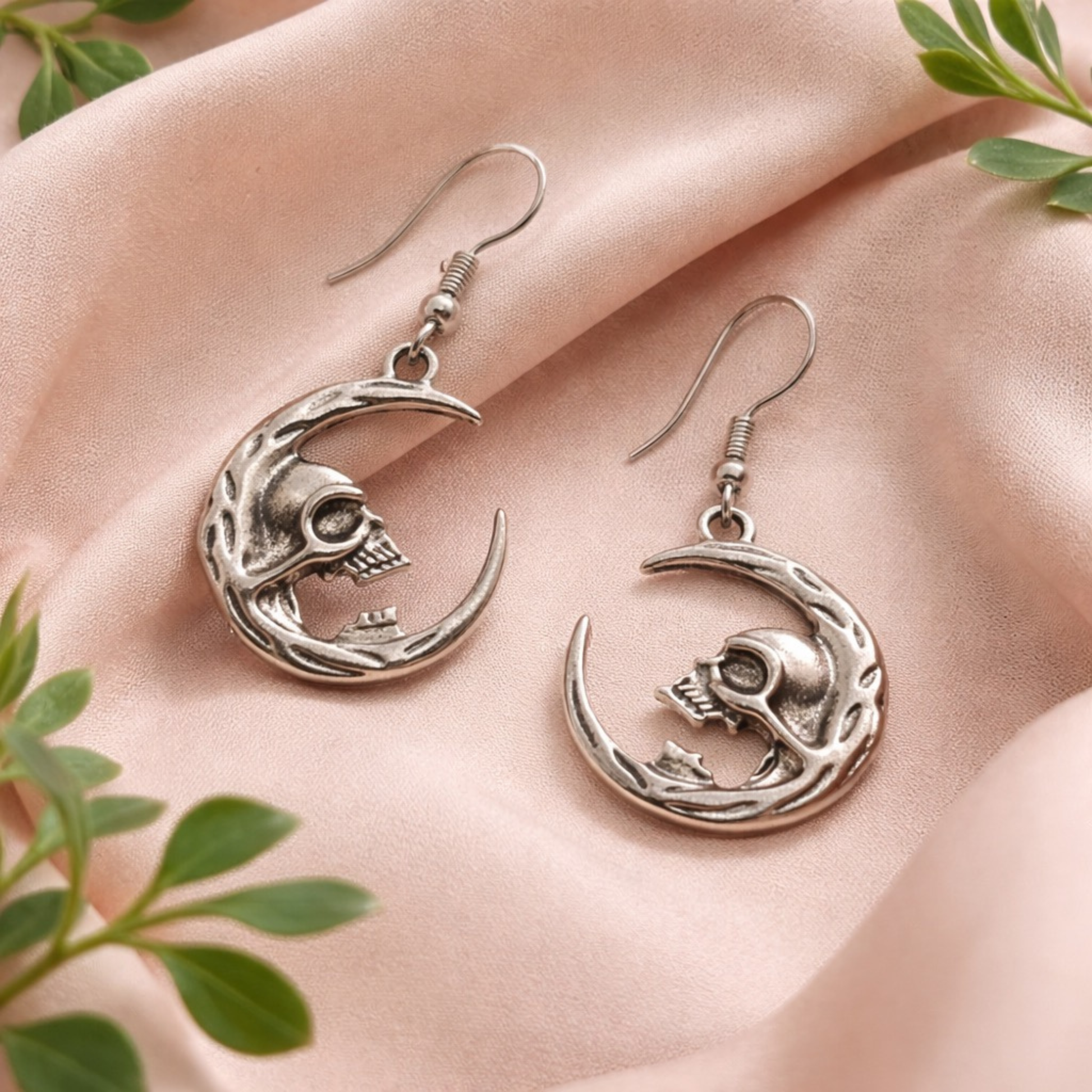 Silver tone crescent moon skull dangle earrings gothic celestial jewelry