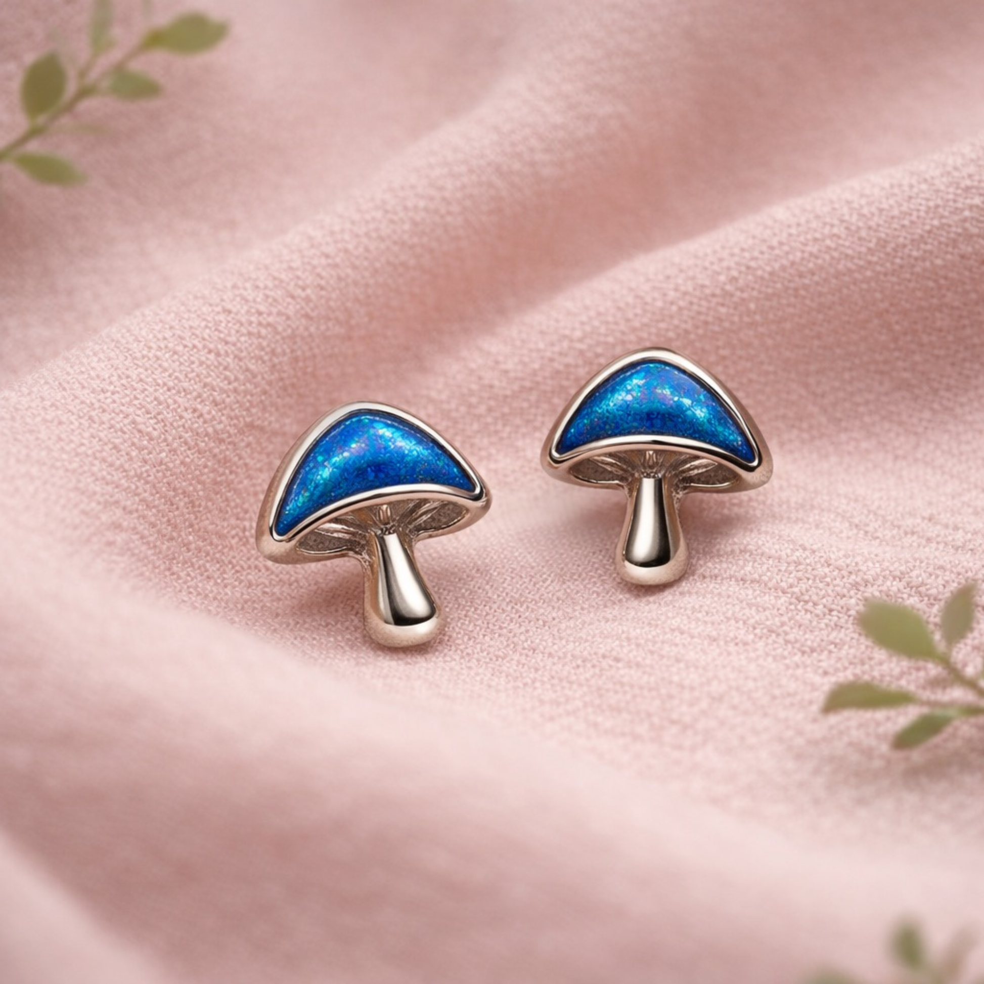 Tiny blue mushroom stud earrings silver tone alloy woodland nature jewelry