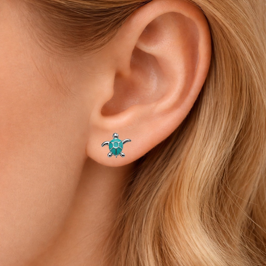 Tiny turquoise sea turtle stud earrings silver tone ocean animal jewelry