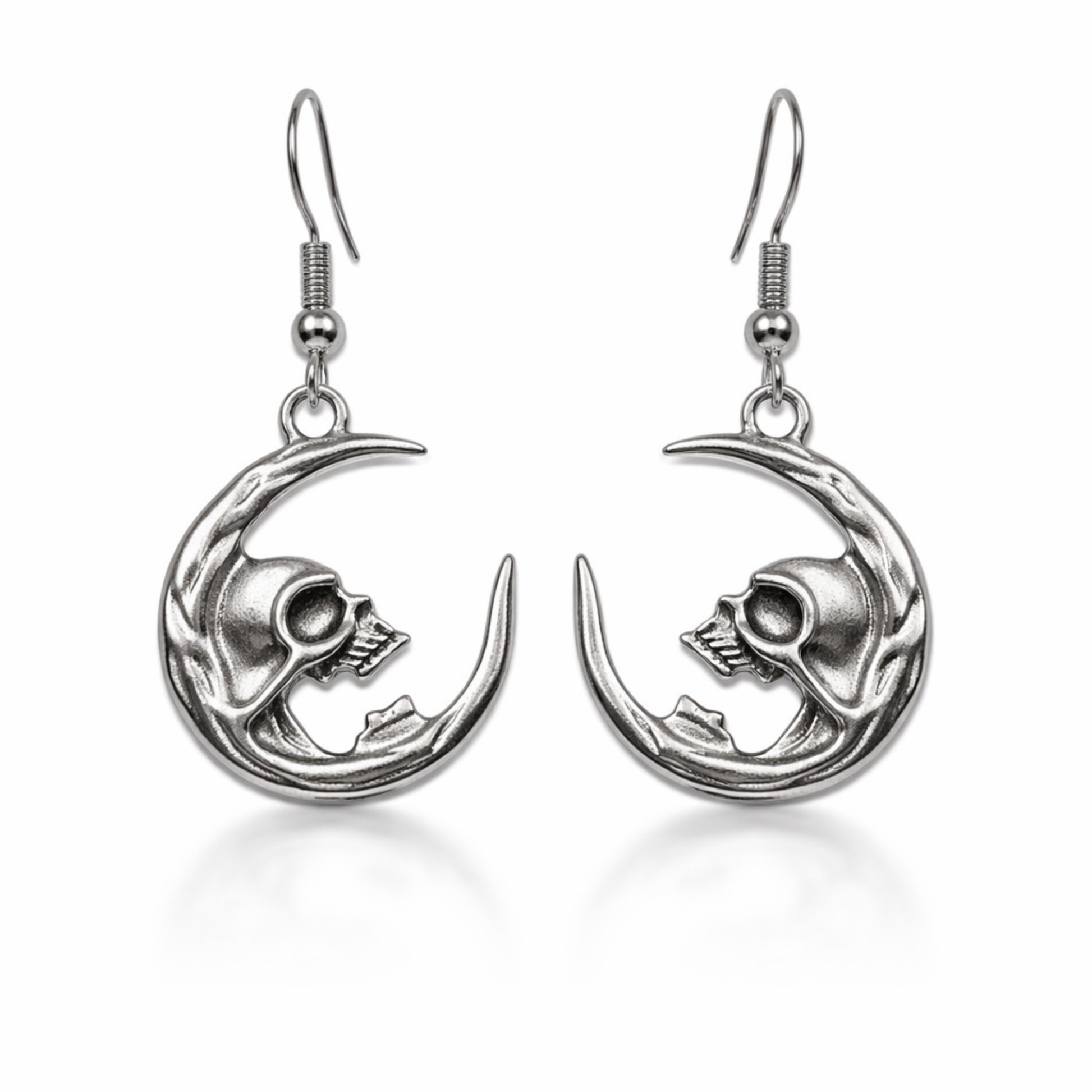 Silver tone crescent moon skull dangle earrings gothic celestial jewelry