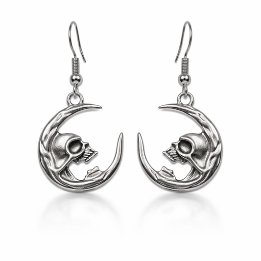 Silver tone crescent moon skull dangle earrings gothic celestial jewelry