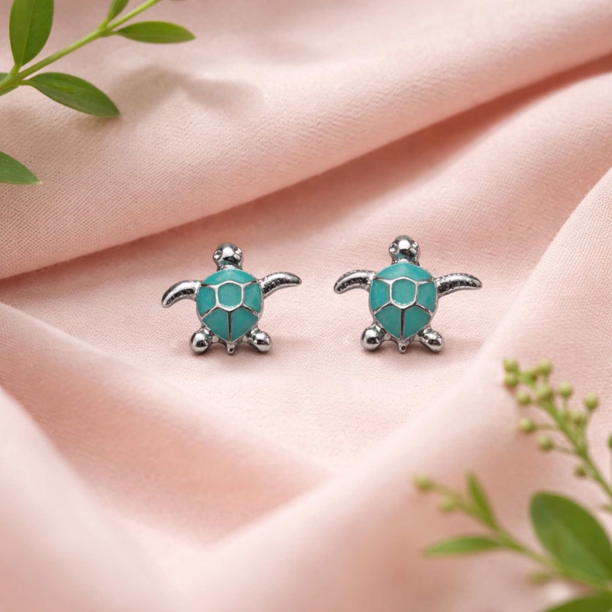 Tiny turquoise sea turtle stud earrings silver tone ocean animal jewelry