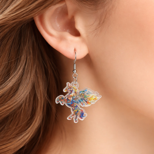 Colorful winged unicorn acrylic dangle earrings rainbow fantasy jewelry