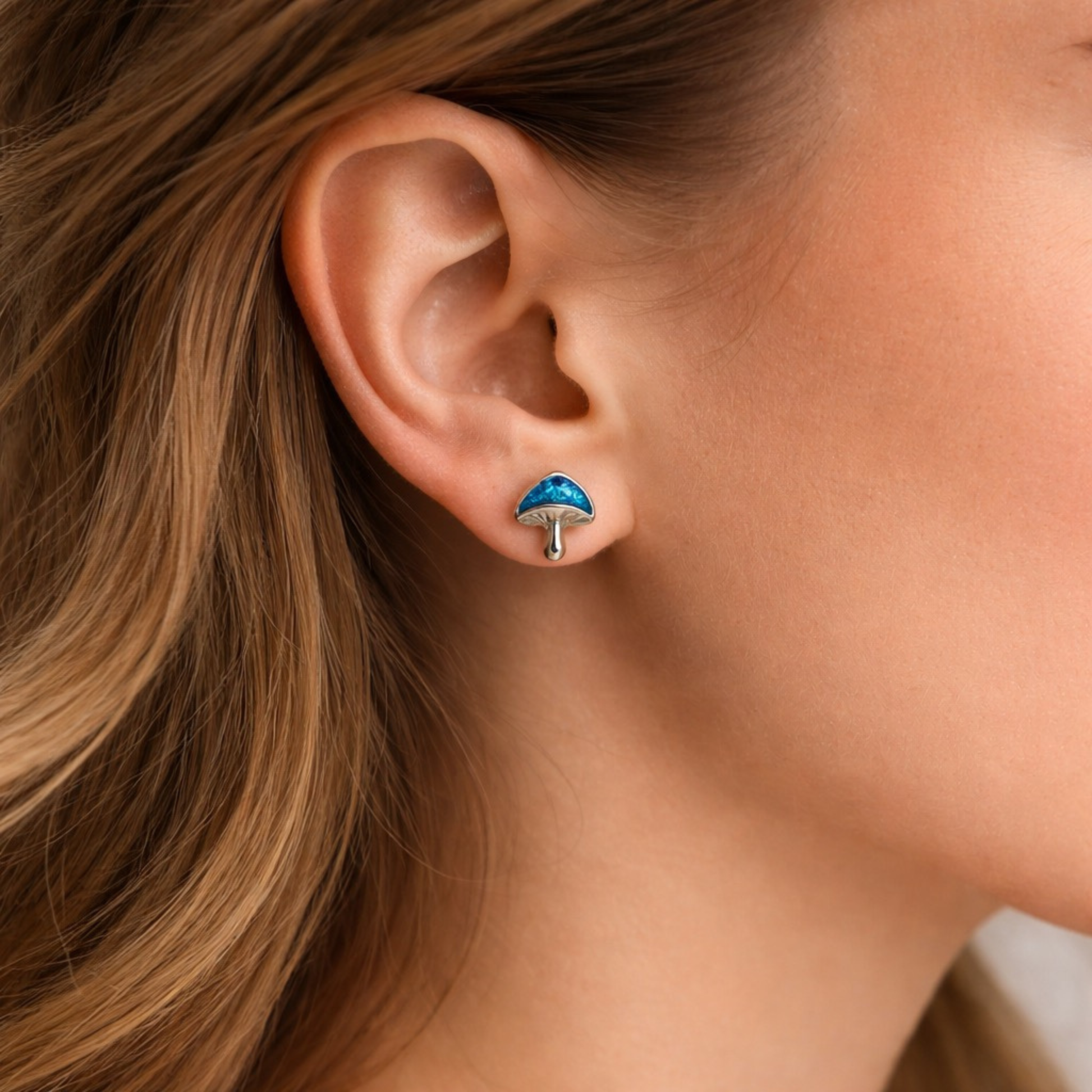 Tiny blue mushroom stud earrings silver tone alloy woodland nature jewelry