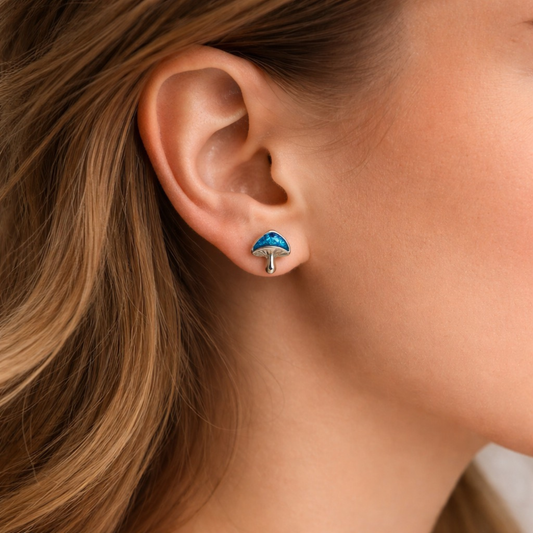 Tiny blue mushroom stud earrings silver tone alloy woodland nature jewelry