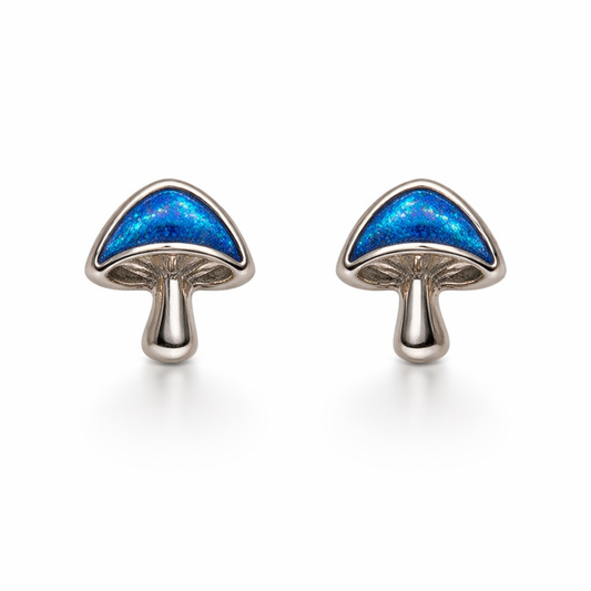 Tiny blue mushroom stud earrings silver tone alloy woodland nature jewelry