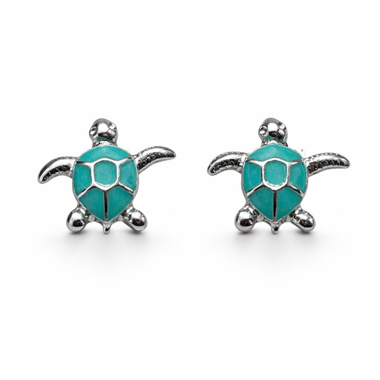 Tiny turquoise sea turtle stud earrings silver tone ocean animal jewelry