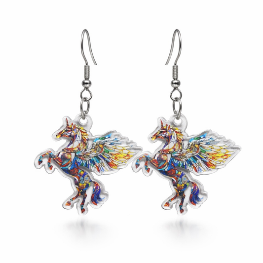 Colorful winged unicorn acrylic dangle earrings rainbow fantasy jewelry