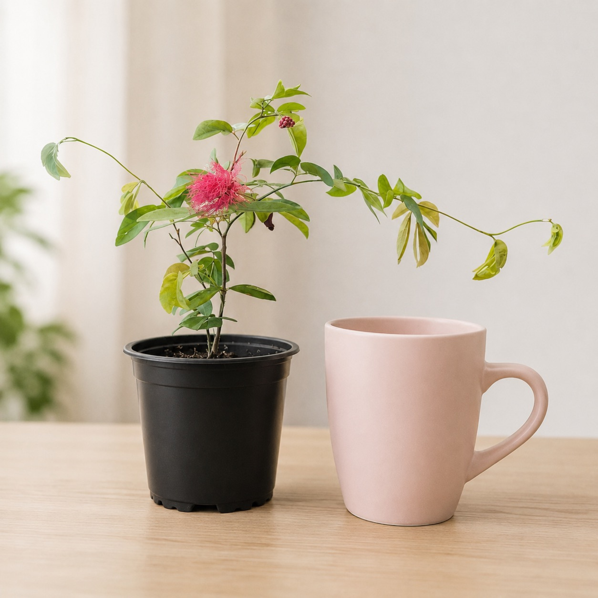 Calliandra powderpuff plant with bright pink fluffy flowers and green foliage growing in a black nursery pot