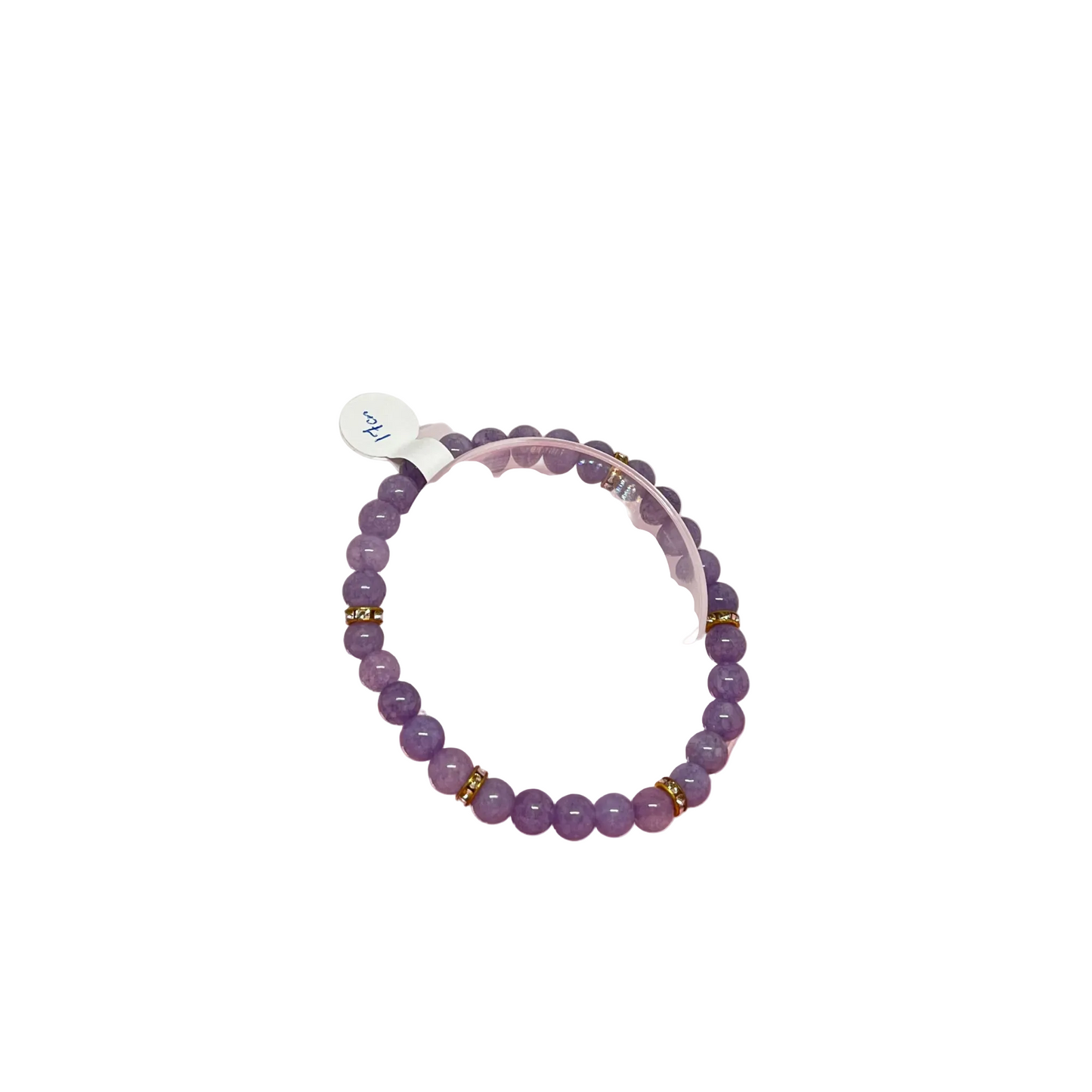 Handmade Lavender Quartz bracelet with 6mm dyed quartz beads in soft purple tones, 17cm length on elastic cord.
