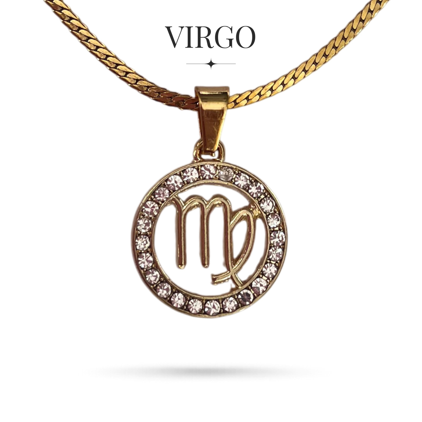 Gold tone virgo zodiac horoscope necklaces with rhinestones on stainless steel chain, all signs available