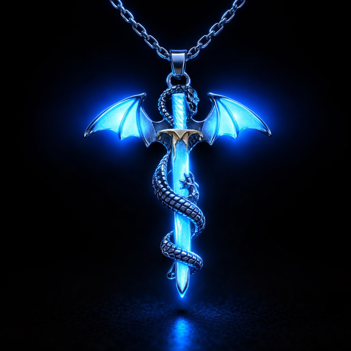 Glow in the dark dragon sword necklace with silver and gold tone fantasy pendant wrapped dragon design