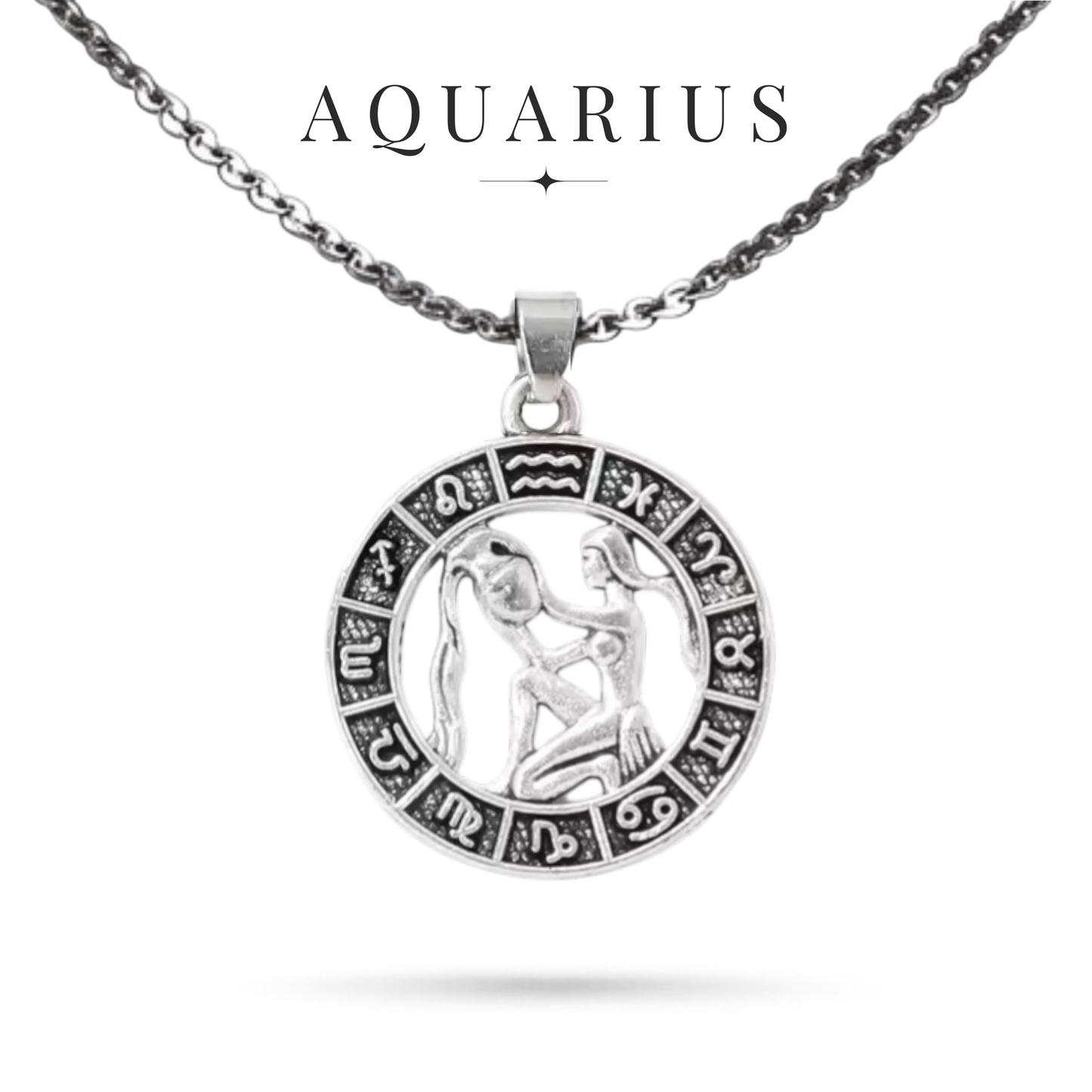 Silver tone Aquarius zodiac necklace with all horoscope symbols border