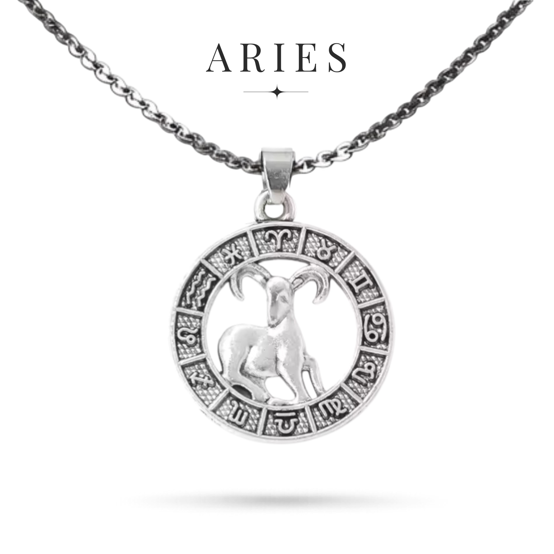 Silver tone Aries zodiac necklace with all horoscope symbols border