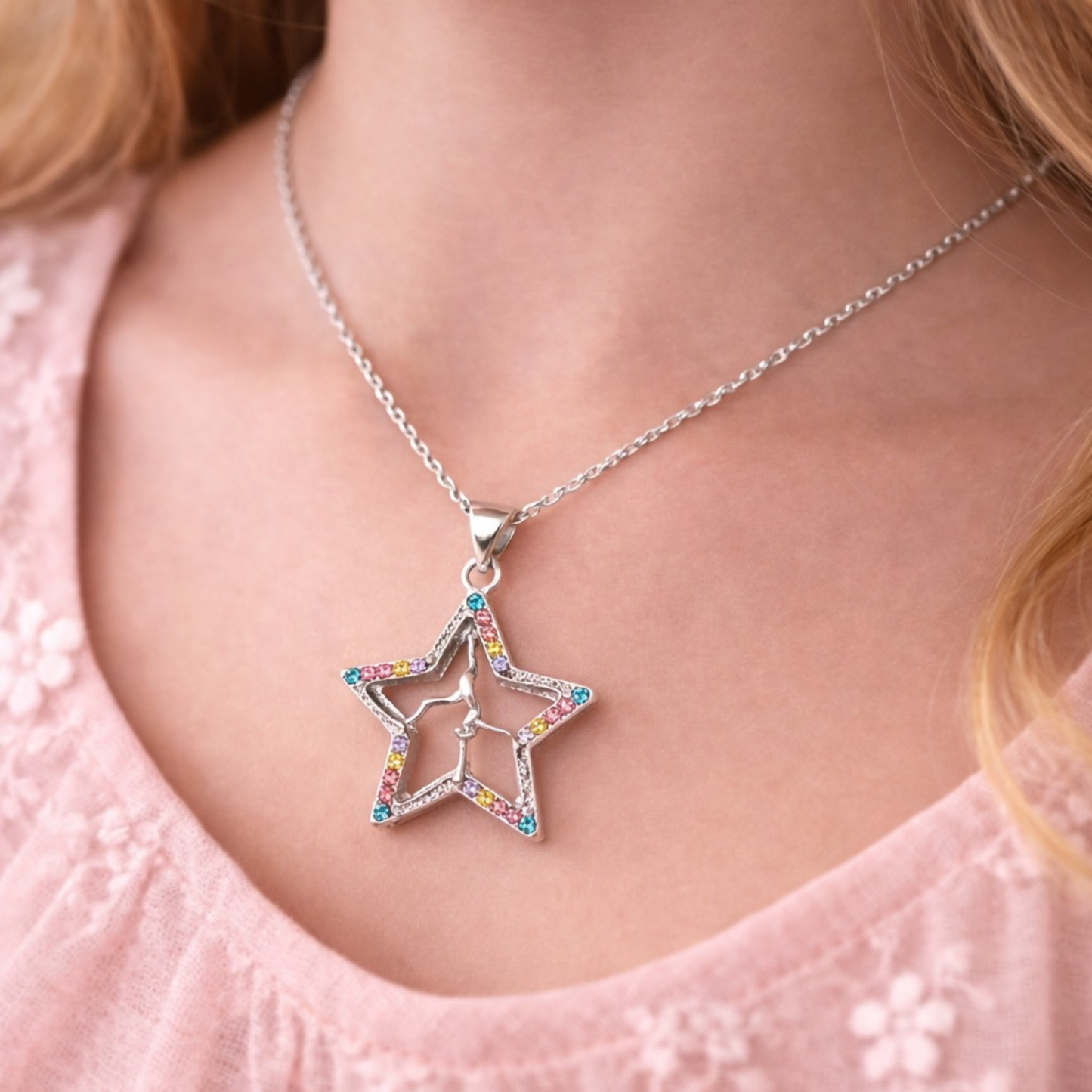 Silver tone star necklace with dancer silhouette and colorful rhinestones, kids dance jewelry