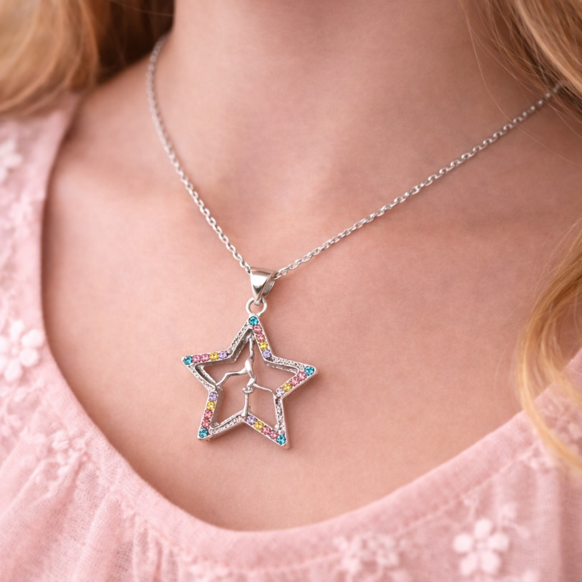 Silver tone star necklace with dancer silhouette and colorful rhinestones, kids dance jewelry