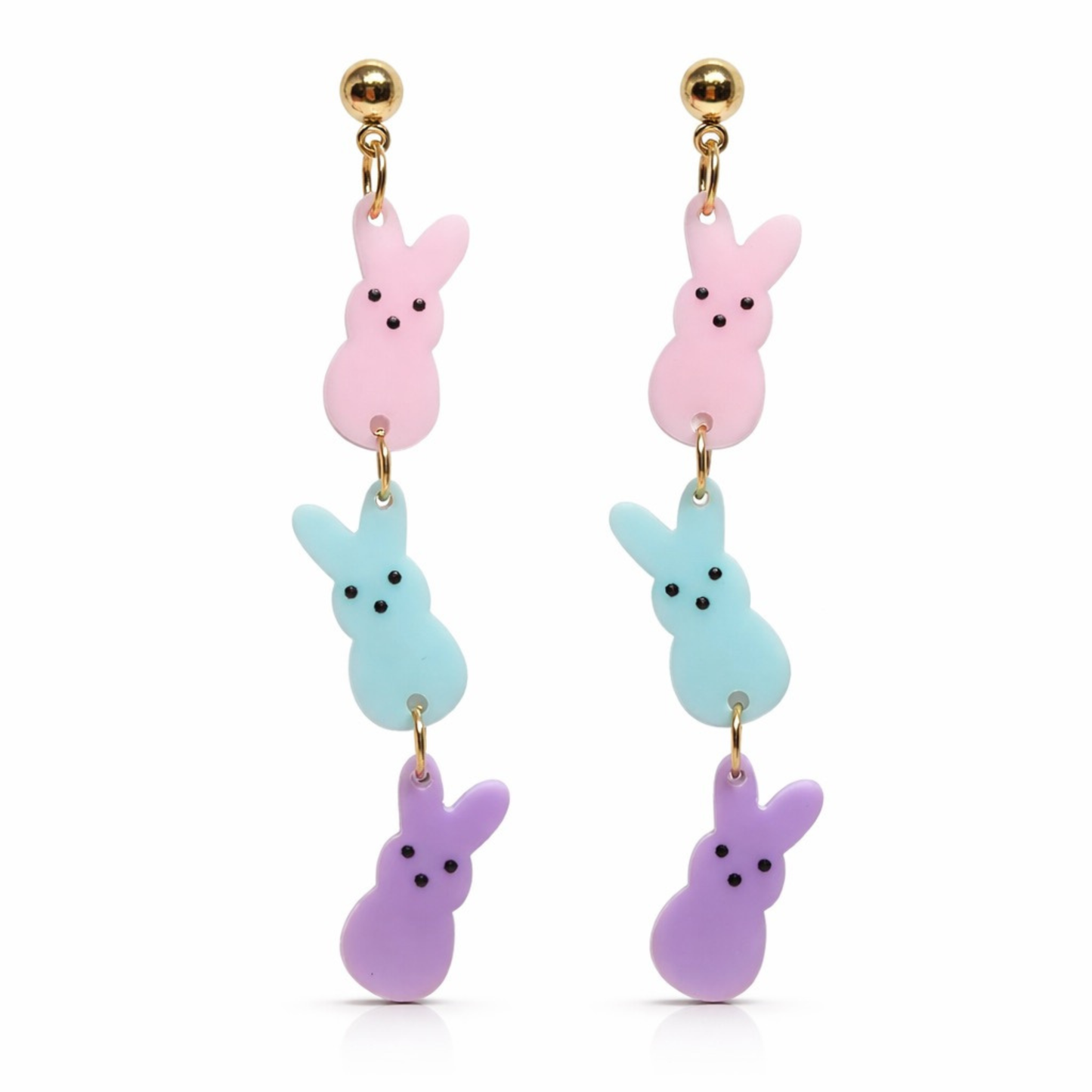 Pastel acrylic bunny drop earrings with pink blue and purple rabbits and gold tone posts Easter jewelry