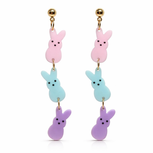 Pastel acrylic bunny drop earrings with pink blue and purple rabbits and gold tone posts Easter jewelry