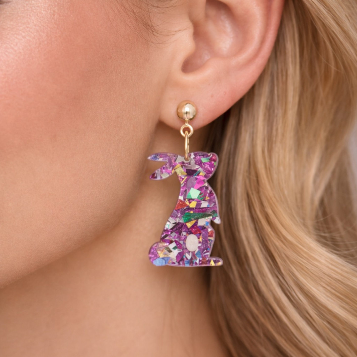 Multicolor confetti acrylic bunny dangle earrings with gold tone stud tops spring Easter jewelry