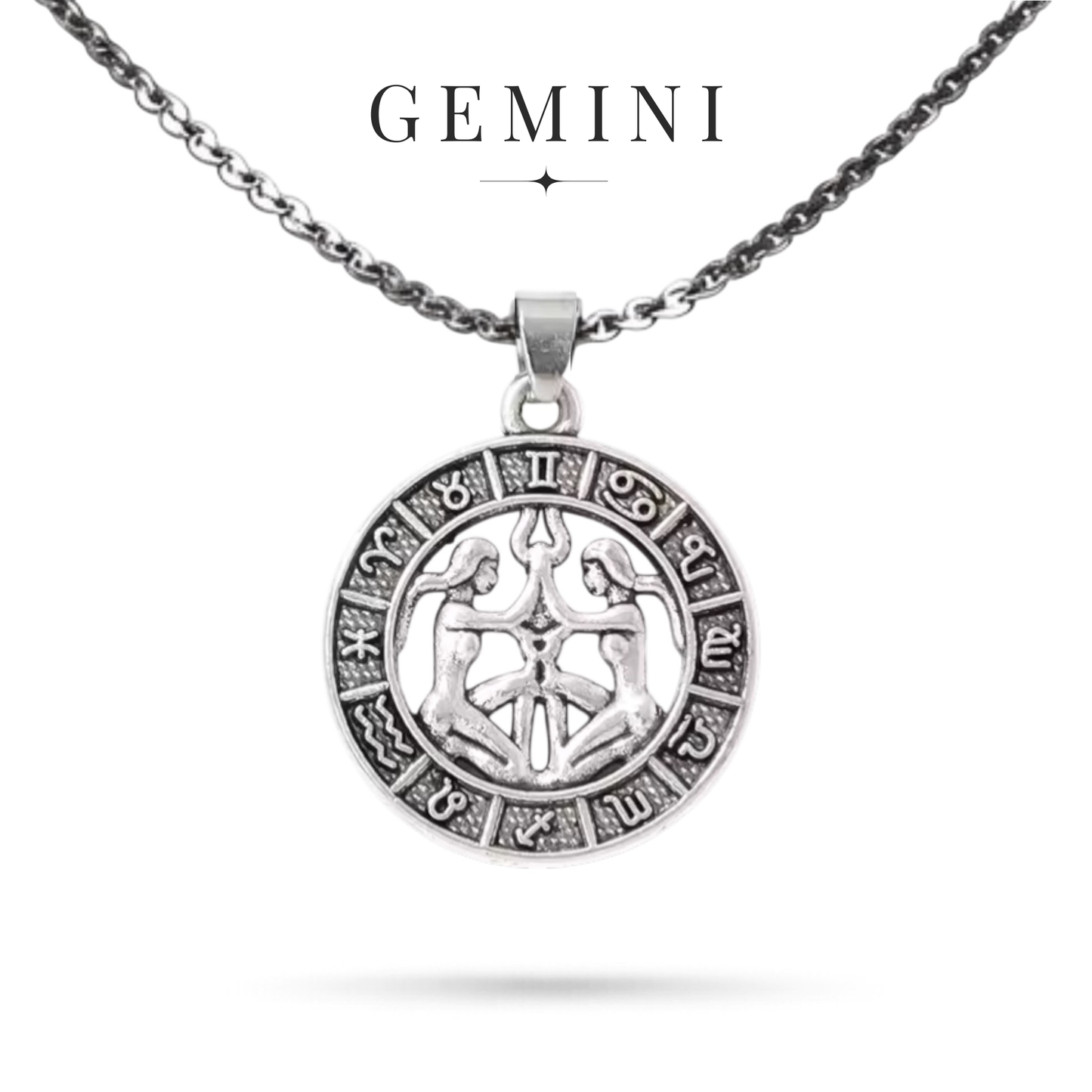 Silver tone Gemini zodiac necklace with all horoscope symbols border