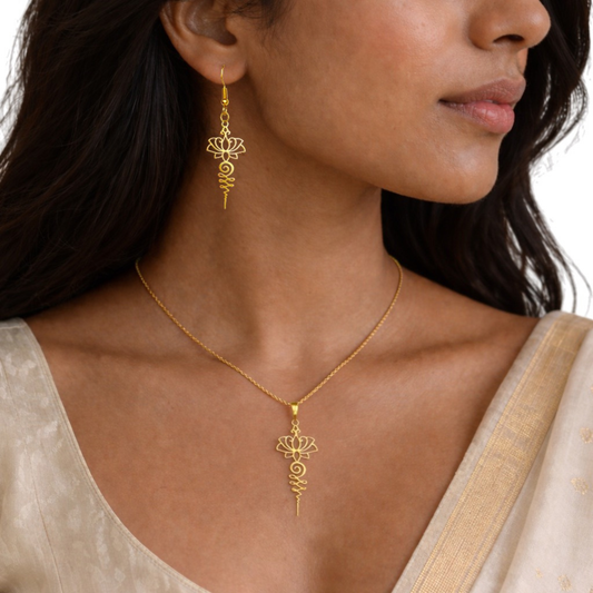 Gold tone lotus flower pendant necklace with matching lotus earrings stainless steel jewelry set